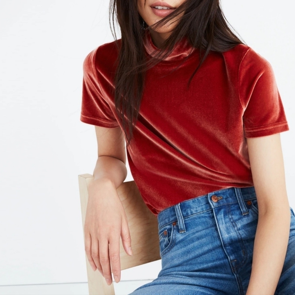 Madewell velour mock neck burnt orange short sleeve shirt